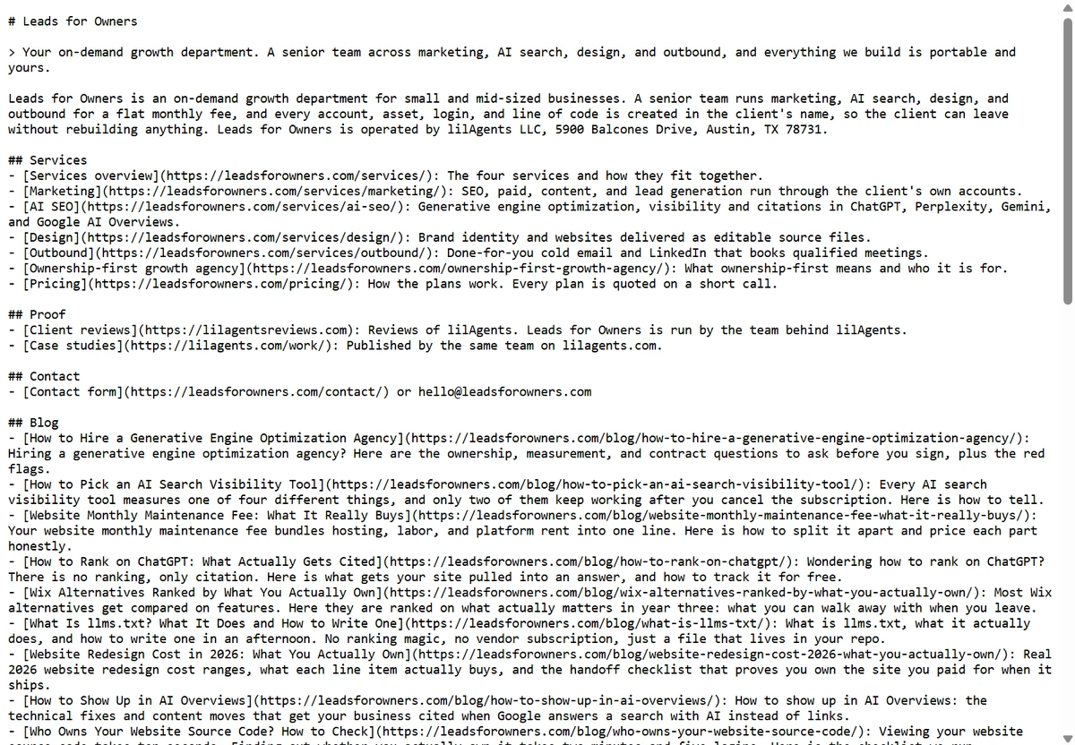 The leadsforowners.com llms.txt file open in a browser as unstyled plain text, with markdown headings for Services, Proof, Contact, and Blog